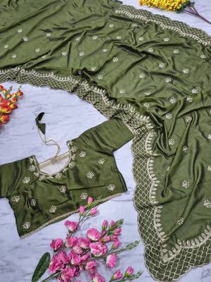 Olive Color Thread Embroidery And Sequins Work  Vichitra Silk  Saree 3
