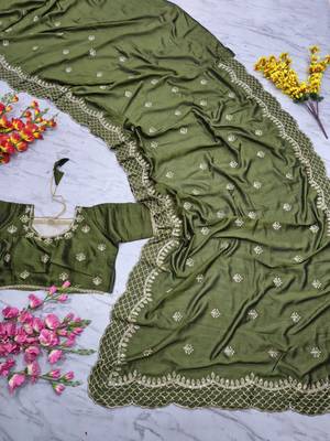 Olive Color Thread Embroidery And Sequins Work  Vichitra Silk  Saree 4