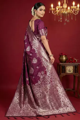 Purple silk blend woven saree with blouse