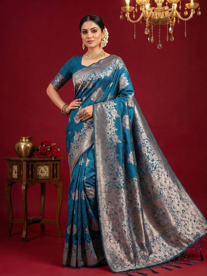 Teal silk blend woven saree with blouse