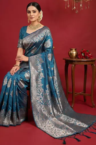 Teal silk blend woven saree with blouse