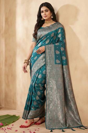 Blue silk blend woven saree with blouse