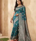 Blue silk blend woven saree with blouse