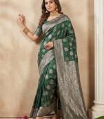 Dark green silk blend woven saree with blouse