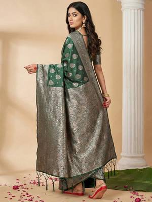 Dark green silk blend woven saree with blouse 3