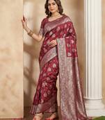 Maroon silk blend woven saree with blouse