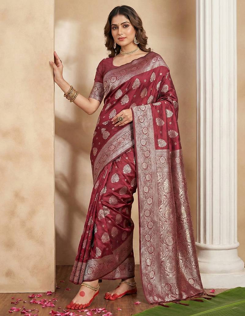 Maroon silk blend woven saree with blouse