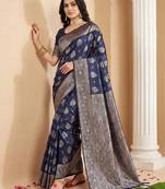 Navy silk blend woven saree with blouse