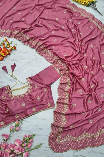 Pink Color Thread Embroidery And Sequins Work  Vichitra Silk  Saree