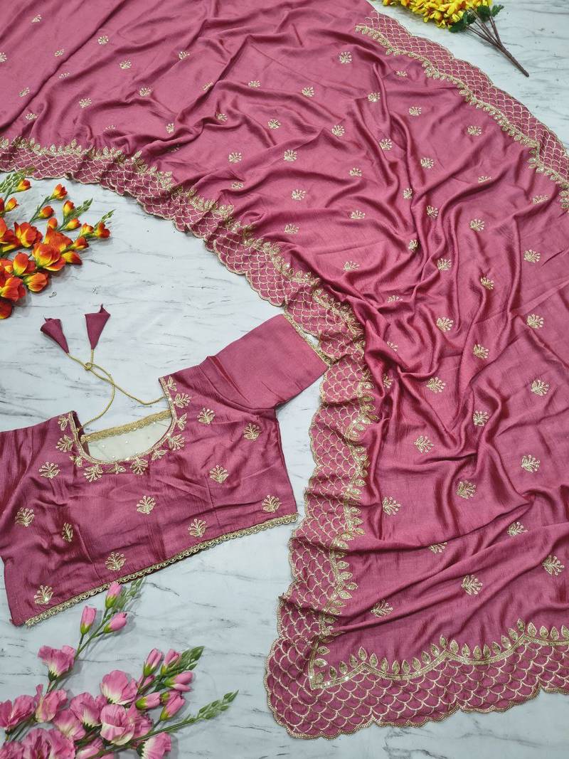 Pink Color Thread Embroidery And Sequins Work  Vichitra Silk  Saree