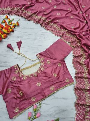 Pink Color Thread Embroidery And Sequins Work  Vichitra Silk  Saree 2