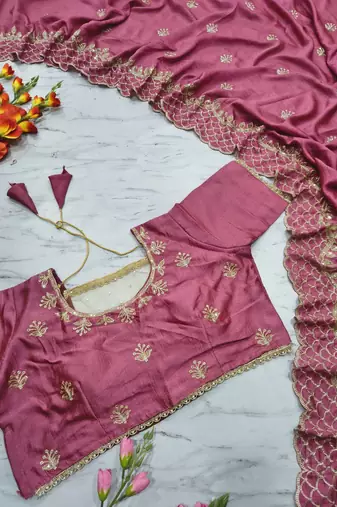 Pink Color Thread Embroidery And Sequins Work  Vichitra Silk  Saree
