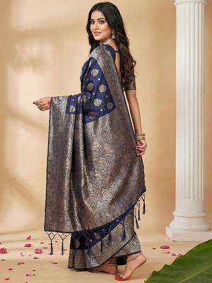 Navy silk blend woven saree with blouse 3
