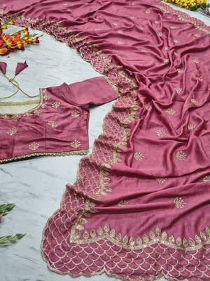 Pink Color Thread Embroidery And Sequins Work  Vichitra Silk  Saree 3