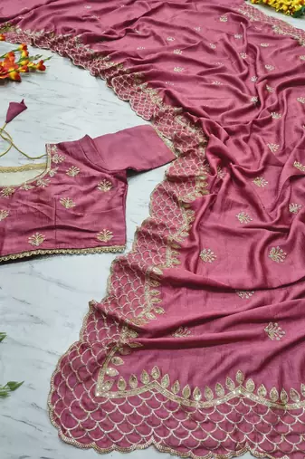 Pink Color Thread Embroidery And Sequins Work  Vichitra Silk  Saree