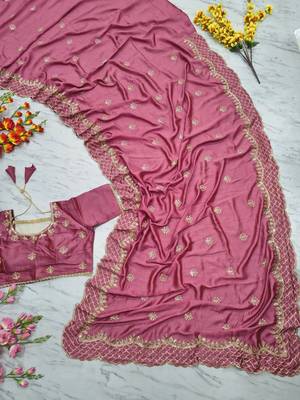 Pink Color Thread Embroidery And Sequins Work  Vichitra Silk  Saree 4