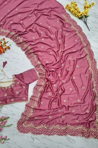 Pink Color Thread Embroidery And Sequins Work  Vichitra Silk  Saree