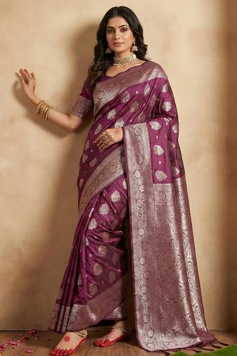 Purple silk blend woven saree with blouse