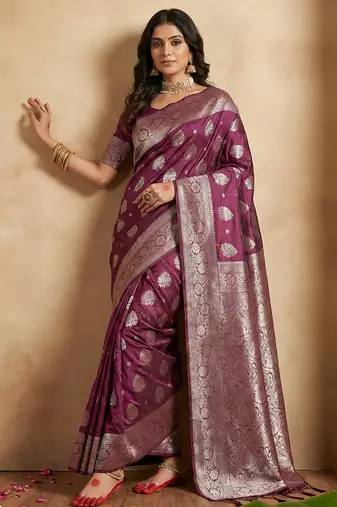Purple silk blend woven saree with blouse