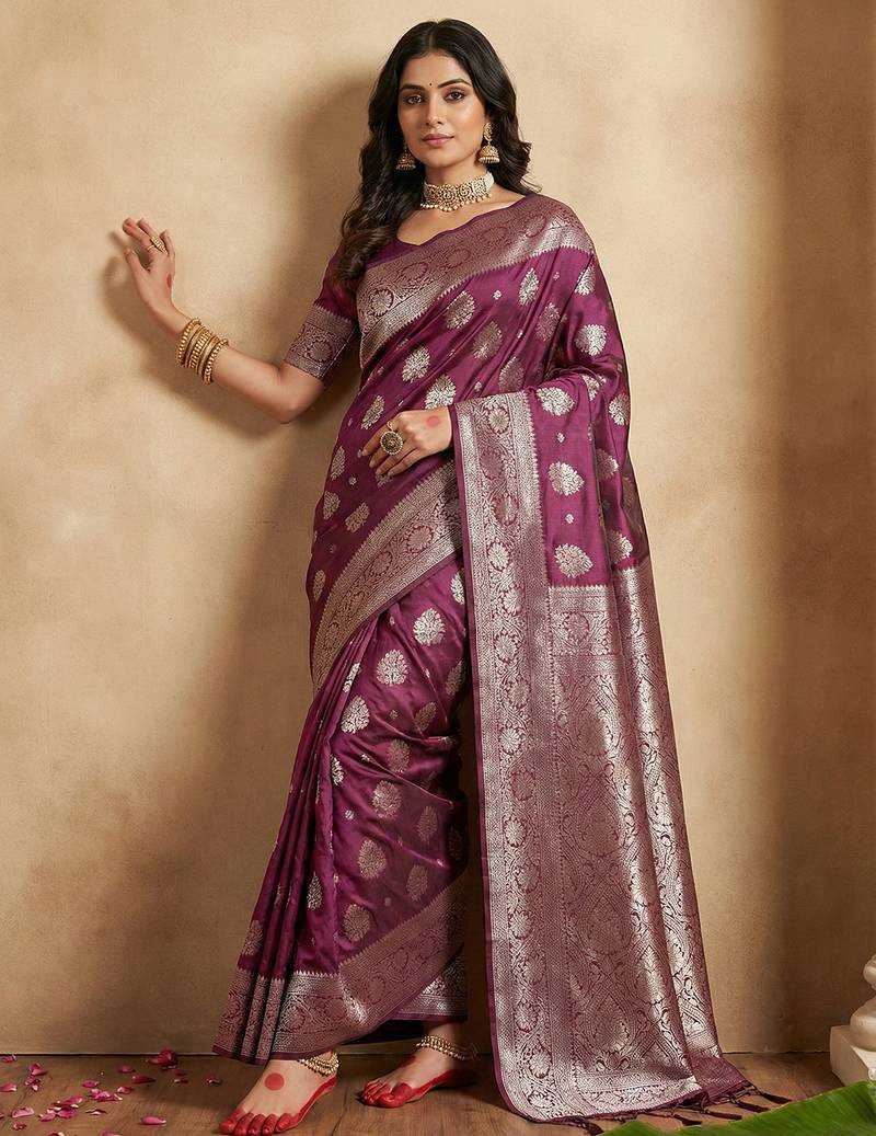 Purple silk blend woven saree with blouse