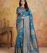 Blue silk blend woven saree with blouse