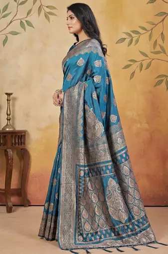 Blue silk blend woven saree with blouse