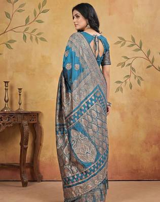 Blue silk blend woven saree with blouse 3