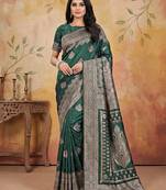 Dark green silk blend woven saree with blouse