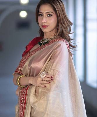 Beige Color Sequins with Jari Dori Embroidery Work Twill Net saree  1