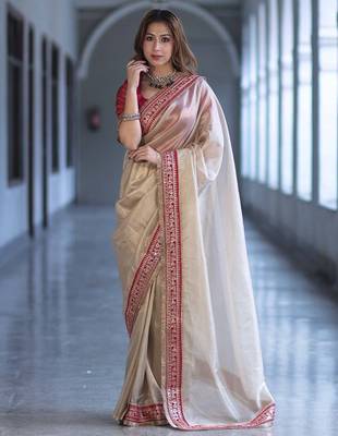 Beige Color Sequins with Jari Dori Embroidery Work Twill Net saree  2
