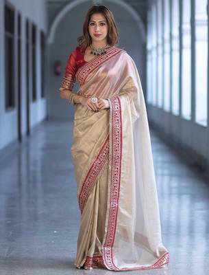 Beige Color Sequins with Jari Dori Embroidery Work Twill Net saree  3