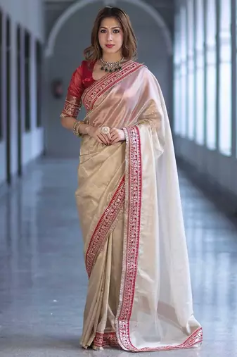 Beige Color Sequins with Jari Dori Embroidery Work Twill Net saree 