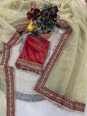 Beige Color Sequins with Jari Dori Embroidery Work Twill Net saree  4