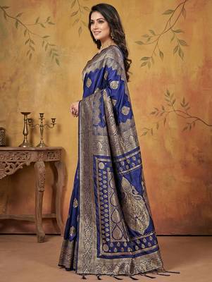 Navy silk blend woven saree with blouse 2