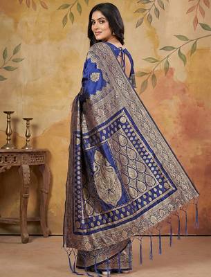 Navy silk blend woven saree with blouse 3