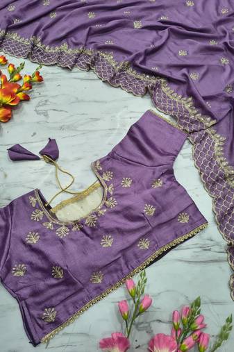 Purple Color Thread Embroidery And Sequins Work  Vichitra Silk  Saree