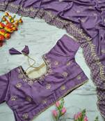 Purple Color Thread Embroidery And Sequins Work  Vichitra Silk  Saree