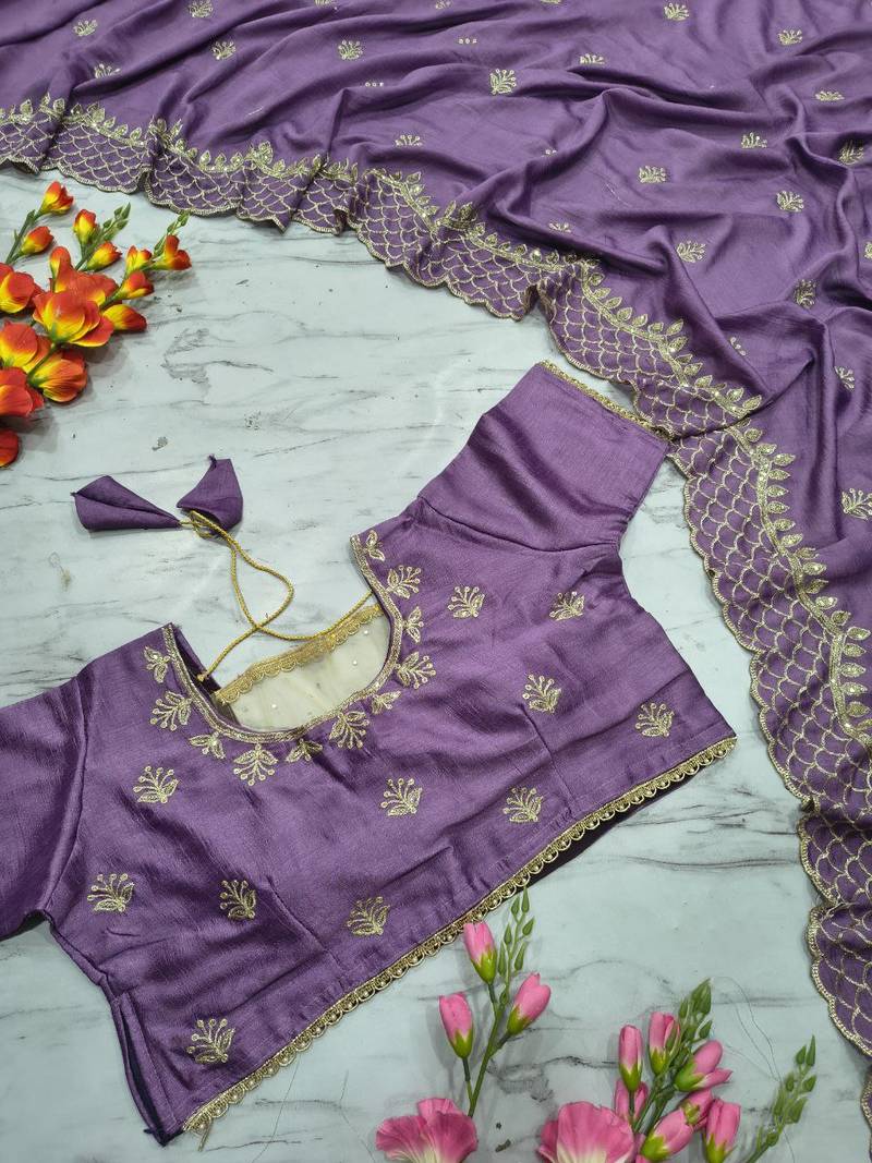 Purple Color Thread Embroidery And Sequins Work  Vichitra Silk  Saree