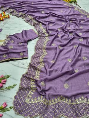 Purple Color Thread Embroidery And Sequins Work  Vichitra Silk  Saree 2