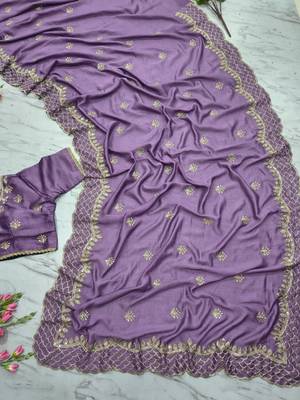 Purple Color Thread Embroidery And Sequins Work  Vichitra Silk  Saree 4