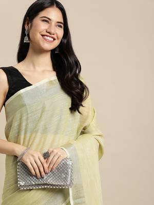 Green linen saree with blouse 2