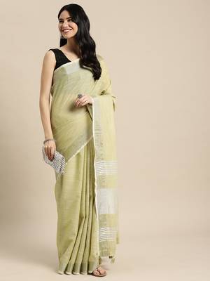 Green linen saree with blouse 3