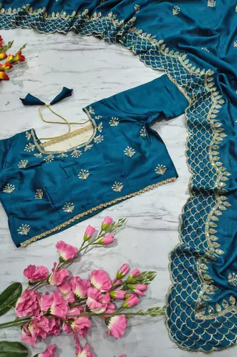 Teal Color Thread Embroidery And Sequins Work  Vichitra Silk  Saree