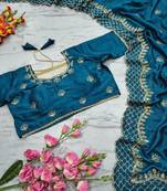 Teal Color Thread Embroidery And Sequins Work  Vichitra Silk  Saree