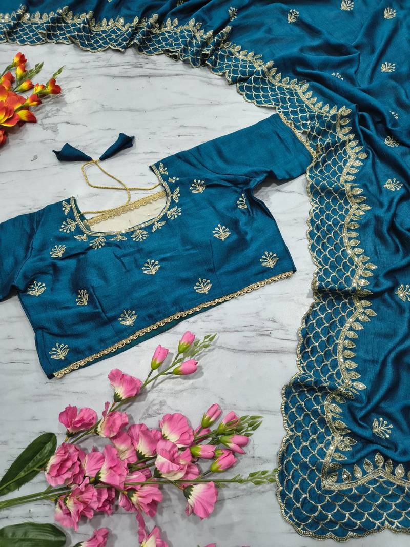 Teal Color Thread Embroidery And Sequins Work  Vichitra Silk  Saree