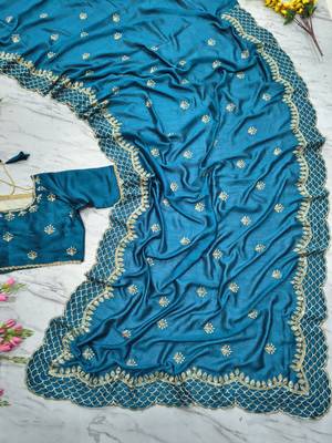 Teal Color Thread Embroidery And Sequins Work  Vichitra Silk  Saree 2