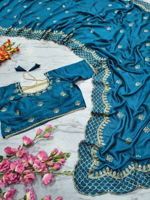Teal Color Thread Embroidery And Sequins Work  Vichitra Silk  Saree 3