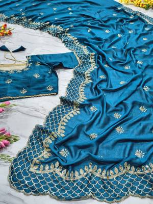 Teal Color Thread Embroidery And Sequins Work  Vichitra Silk  Saree 4