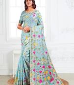 Blue linen printed saree with blouse
