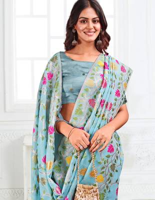 Blue linen printed saree with blouse 2